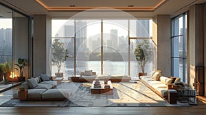 Modern living room interior with city view