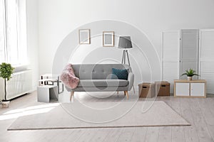 Modern living room interior with comfortable sofa