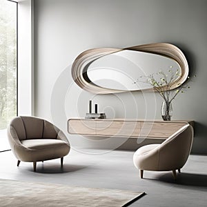 Modern living room interior with comfortable sofa armchairs and big oval statement mirror on the wall