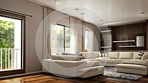 Modern living room interior with comfortable sofa, hardwood floors, and large windows with curtains