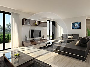 Modern living room interior with comfortable sofa, TV, and large windows with natural light