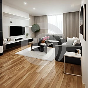 Modern living room interior with comfortable sofa, wooden floor, and entertainment unit