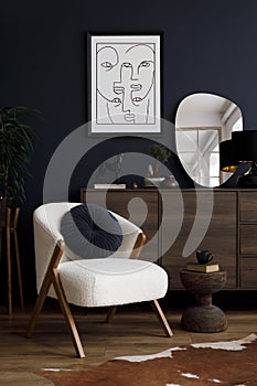 Modern living room interior composition with fluffy armchair, wooden commode, mock up poster frame, mirror. Template.