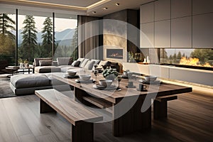 Modern living room interior with country house dining wooden table