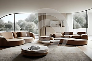 Modern living room interior with curved sofa, panoramic window, and minimalistic decor