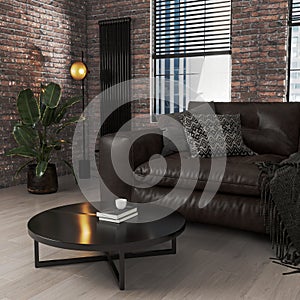 Modern living room interior with dark brown leather sofa in brick wall apartment, New York style apartment, 3d render