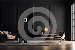 Modern living room interior in dark colors. Design with armchair and gold decoration. Generative AI