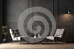 Modern living room interior in dark colors. Design with armchair and gold decoration. Generative AI