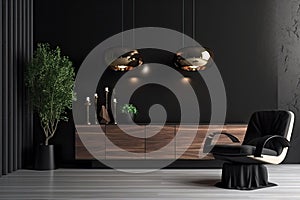 Modern living room interior in dark colors. Design with armchair and gold decoration. Generative AI