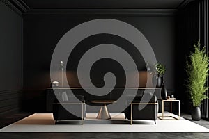 Modern living room interior in dark colors. Design with armchair and gold decoration. Generative AI