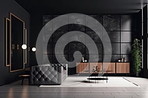 Modern living room interior in dark colors. Design with armchair and gold decoration. Generative AI