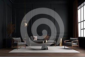 Modern living room interior in dark colors. Design with armchair and gold decoration. Generative AI