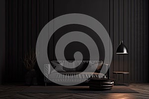 Modern living room interior in dark colors. Design dark sofa, table and decor. Generative AI