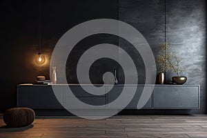 Modern living room interior in dark colors. Design with lamp, console and decoration. Generative AI
