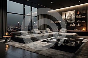 Modern living room interior, dark home design with panoramic windows