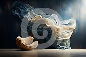Modern living room interior design with abstract flowing waves background. Elegant contemporary concept