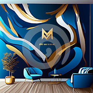 Modern living room interior design with blue and gold elements. Vector illustration Generative AI