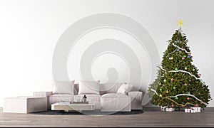 Modern living room interior design and Christmas tree and white wall pattern background/3d render