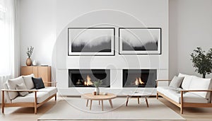 The modern living room interior design features a wooden cabinet, an art poster, and two white sofas
