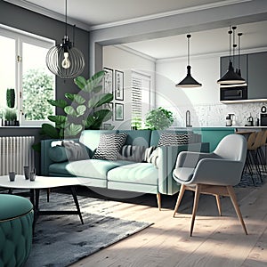 modern living room interior design with green sofa 3d Illustration.