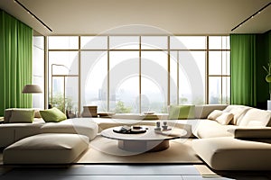 Modern living room interior design with green walls, panoramic window, sofa and coffee table