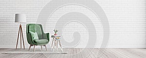 Modern Living room, interior design with white brick wall and green armchair 3D Render