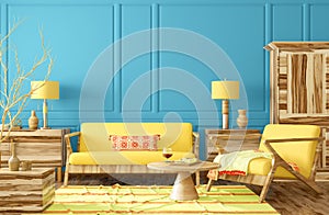 Modern living room interior design with yellow sofa, cabinet, chest of drawers with home decor, blue wall paneling, lamps and