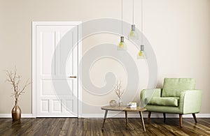 Modern living room interior with door and armchair 3d rendering