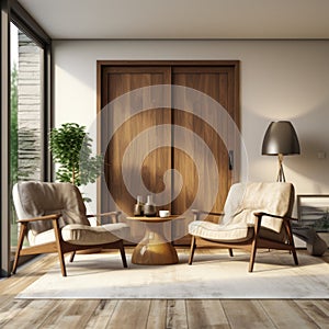 Modern living room interior with door and armchairs 3d rendering