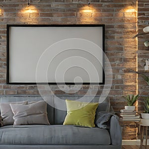 Modern living room interior with empty frame on brick wall, cozy sofa, and decorative lighting