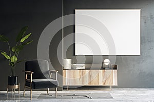 Modern living room interior with empty mock up banner on dark wall, furniture and plant. 3D Rendering