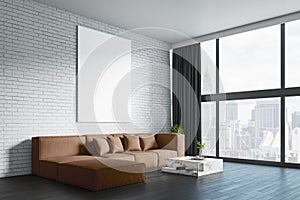 Modern living room interior with empty white mock up frame on brick wall, big couch, other pieces of furniture, curtain, window