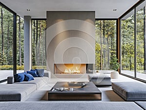 Modern Living Room Interior With Fireplace & Forest View, Minimalist Design