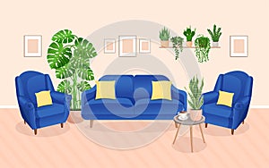 Modern living room interior with furniture and home plants. Design of a cozy room with a sofa, armchairs, plants and