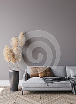 Modern living room interior, gray sofa on dark empty wall mockup, panorama