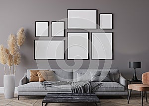 Modern living room interior, gray sofa on dark wall, gallery wall mockup