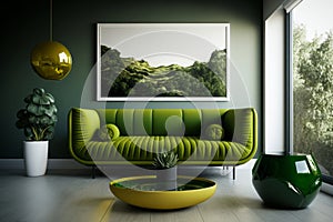 Modern living room interior with green couch or sofa and art on the wall, generative AI