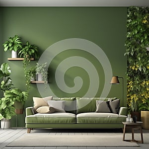 Modern Living Room Interior With Green Plants, Sofa And Green Wall Background