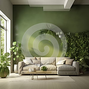 Modern Living Room Interior With Green Plants, Sofa And Green Wall Background