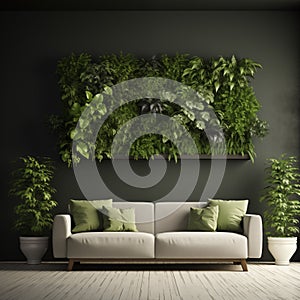 Modern Living Room Interior With Green Plants, Sofa And Green Wall Background