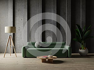 Modern living room interior with green sofa and decoration room on empty concrete wall background