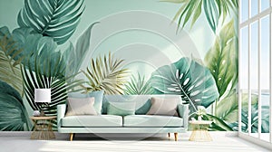 Modern living room interior with green sofa and tropical leaves. 3d rendering. AI Generative