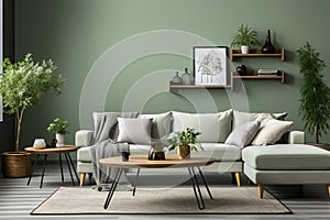 Modern living room interior with green wall, with armchairs and plants. ia generated