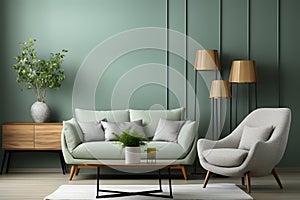 Modern living room interior with green wall, with armchairs and plants. ia generated