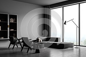 Modern living room interior with grey concrete floor and big window. Mock up empty copy space wall. Concept of contemporary design