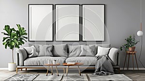 Modern living room interior with grey sofa and blank picture frames