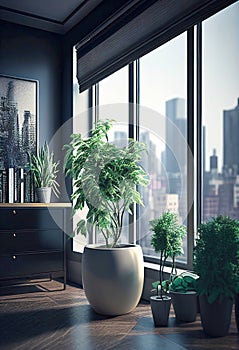 Modern living room interior in high floor with city viewing