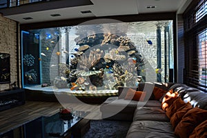 Modern living room interior with large aquarium, comfortable sofa and pillows, and plants