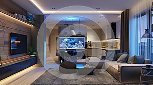 Modern living room interior with large aquarium, comfortable sofa and pillows, and plants
