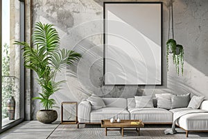 Modern living room interior with large empty frame on concrete wall, white sectional sofa